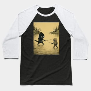 Chiaroscuro Ninja Duel: Sepia-Toned Moody Landscape Woodcut Baseball T-Shirt